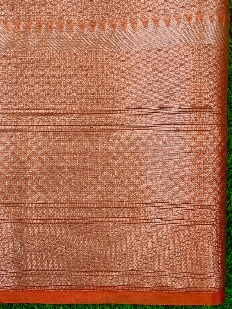 Banarasi Kora Saree With Silver Zari Buti Weaving-Orange