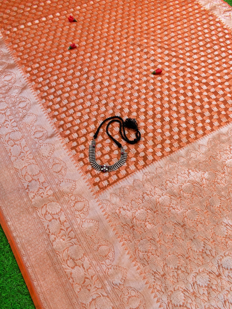 Banarasi Kora Saree With Silver Zari Buti Weaving-Orange