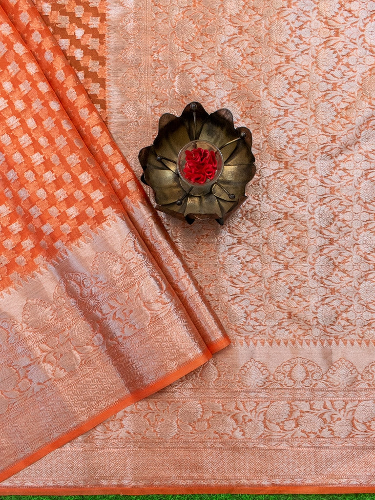 Banarasi Kora Saree With Silver Zari Buti Weaving-Orange