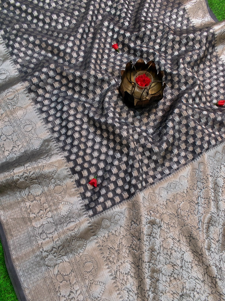 Banarasi Kora Saree With Silver Zari Buti Weaving-Grey