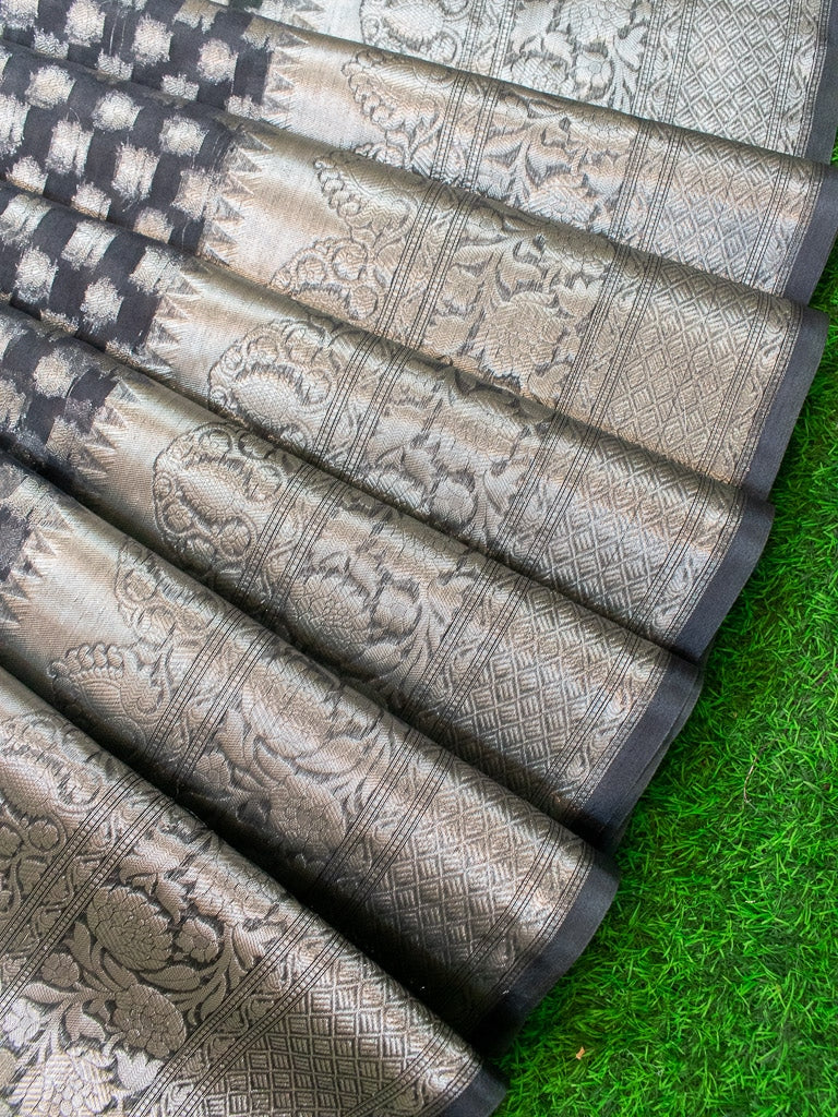Banarasi Kora Saree With Silver Zari Buti Weaving-Grey