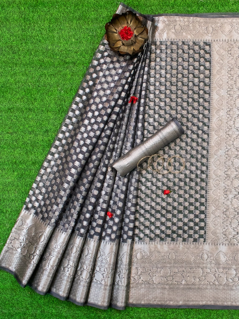 Banarasi Kora Saree With Silver Zari Buti Weaving-Grey