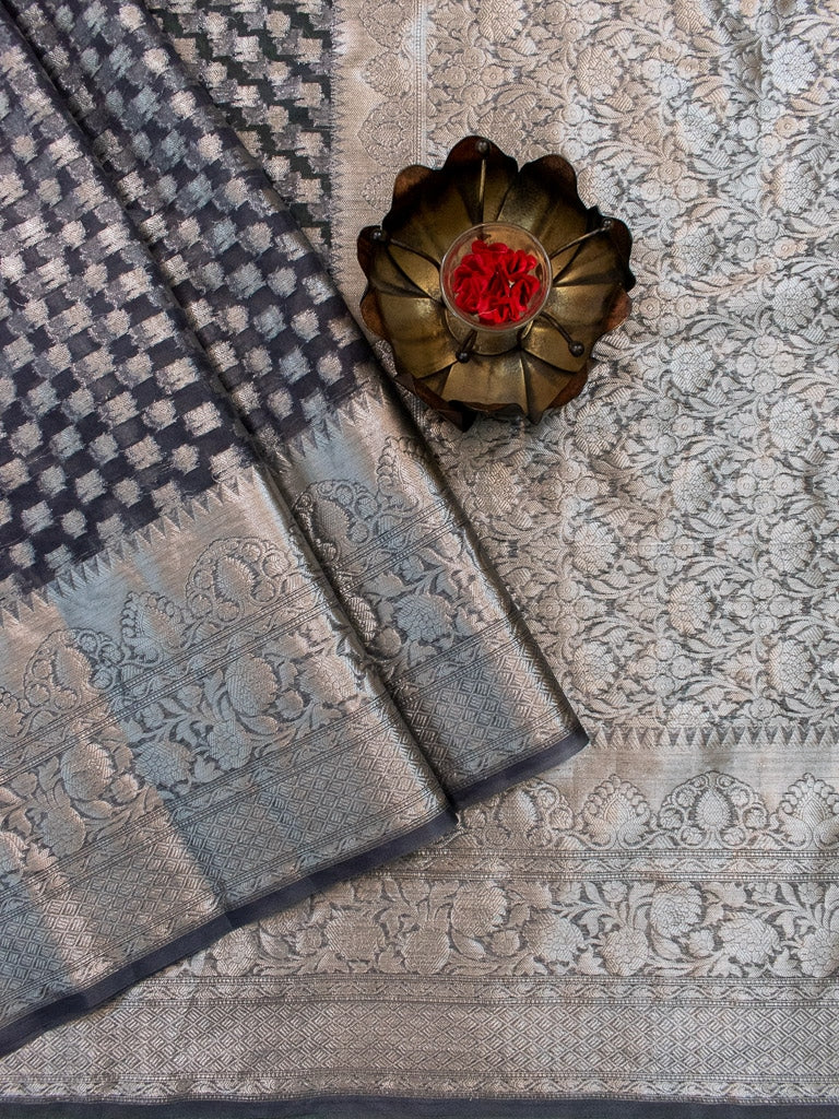 Banarasi Kora Saree With Silver Zari Buti Weaving-Grey
