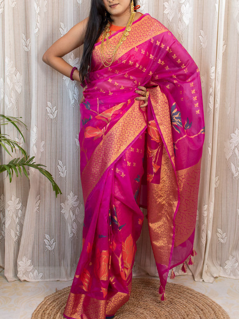 Banarasi organza Saree With Zari & Resham Floral Weaving-Deep Pink