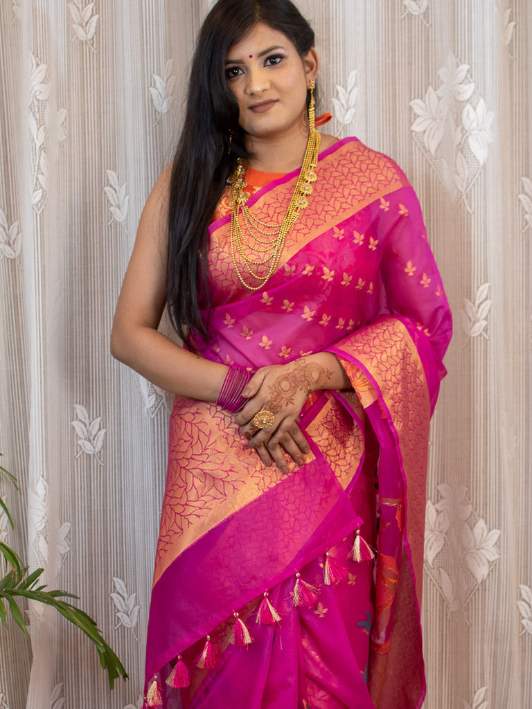 Banarasi organza Saree With Zari & Resham Floral Weaving-Deep Pink