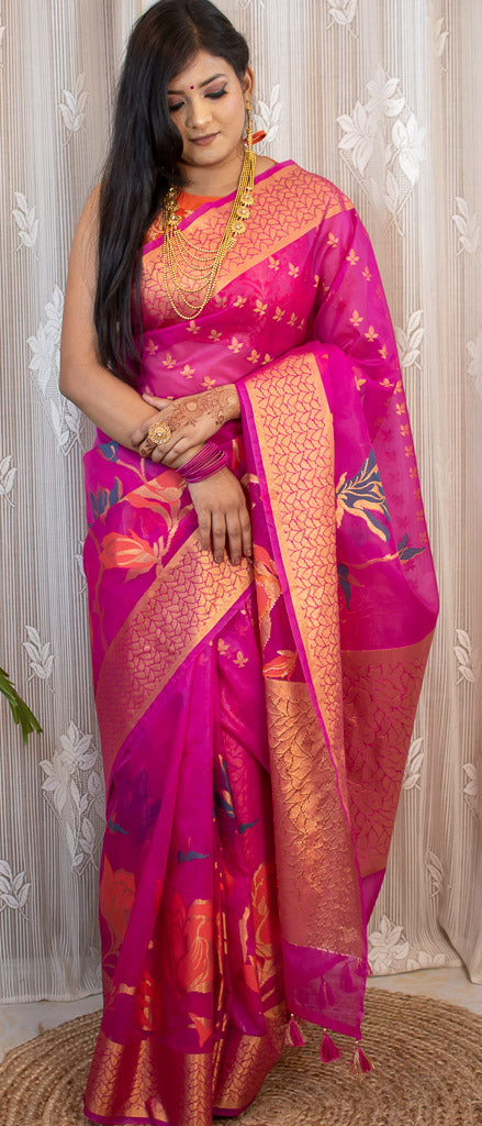 Banarasi organza Saree With Zari & Resham Floral Weaving-Deep Pink