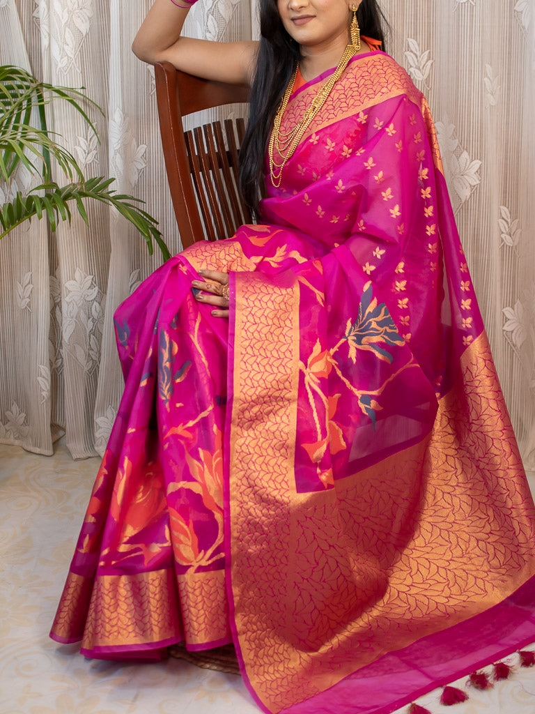 Banarasi organza Saree With Zari & Resham Floral Weaving-Deep Pink