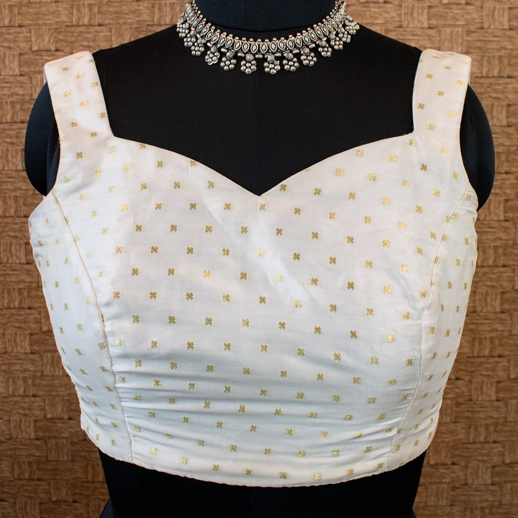 Banarasi Soft Silk Stitched Sleeveless Blouse-White