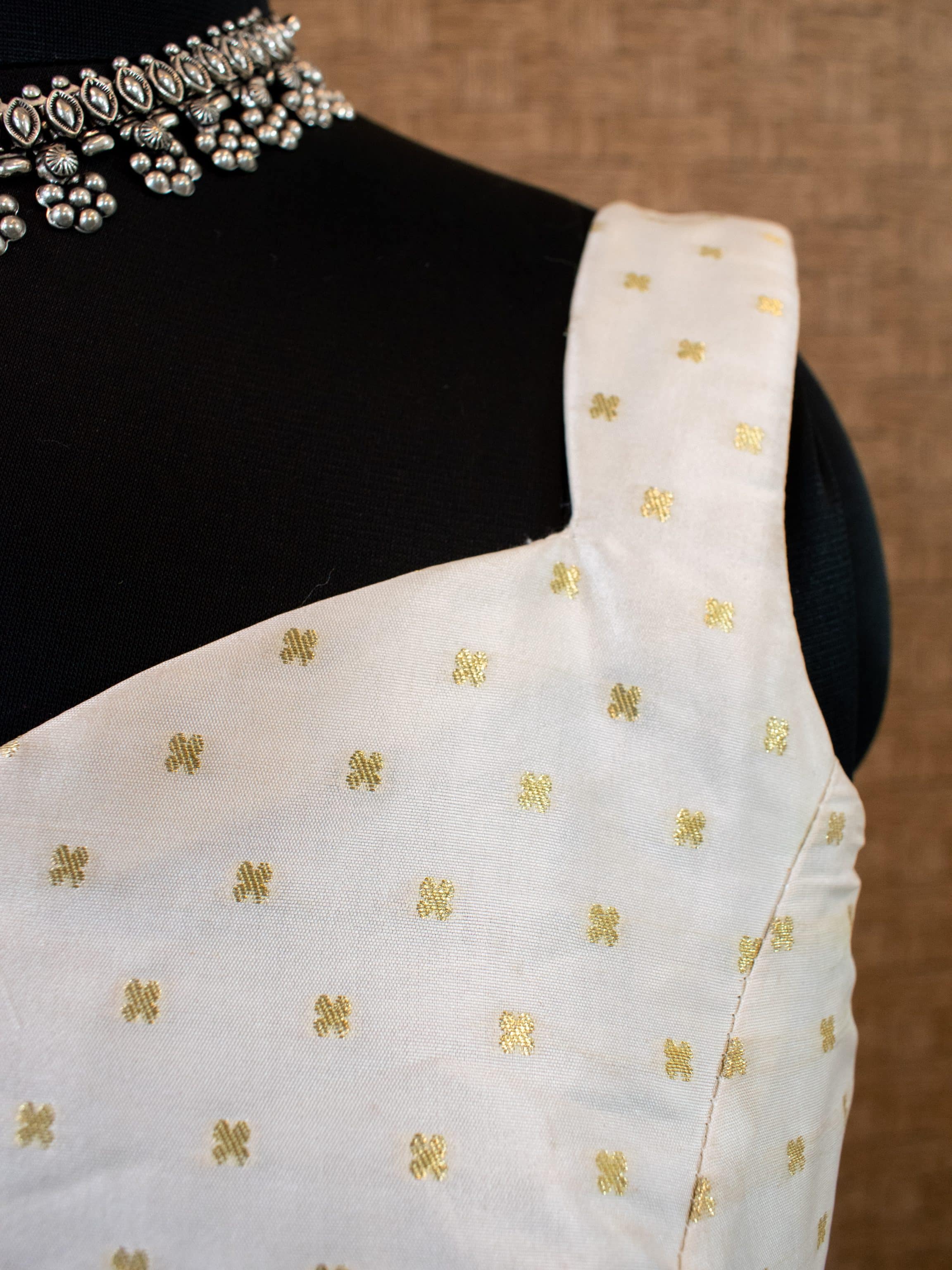Banarasi Soft Silk Stitched Sleeveless Blouse-White