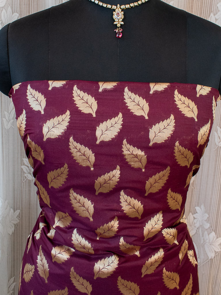 Banarasi Art katan Silk Leaf Buti Salwar Kameez Fabric With Dupatta-Brown