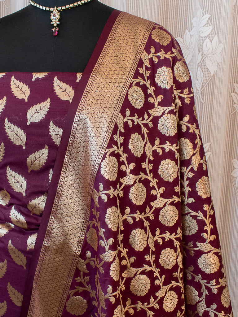 Banarasi Art katan Silk Leaf Buti Salwar Kameez Fabric With Dupatta-Brown