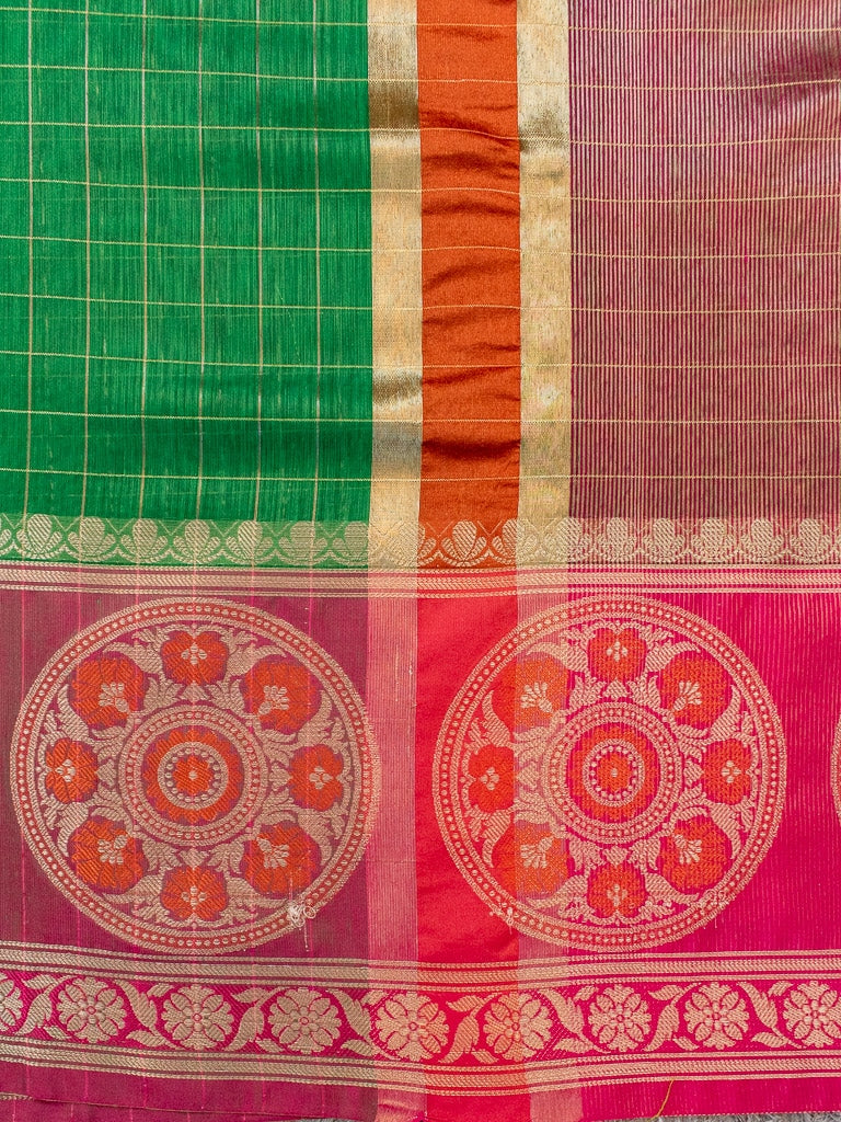 Banarasi Cotton Silk Saree Check Weaving & Contrast Buta Border-Green & Pink