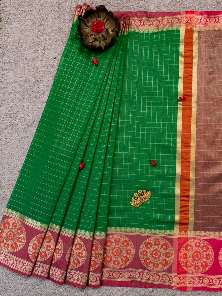 Banarasi Cotton Silk Saree Check Weaving & Contrast Buta Border-Green & Pink