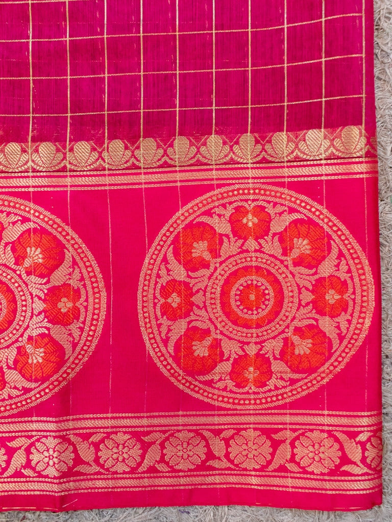 Banarasi Cotton Silk Saree Check Weaving & Contrast Buta Border-Green & Pink