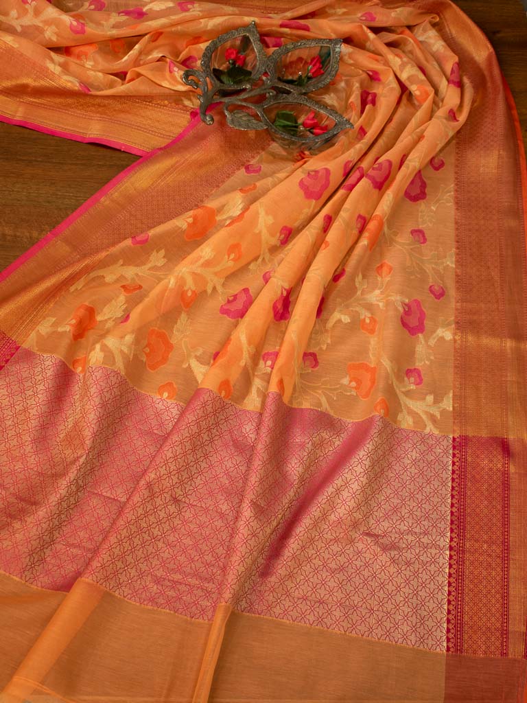 Banarasi Kora Saree With Multi Jaal Meena Weaving-Peach