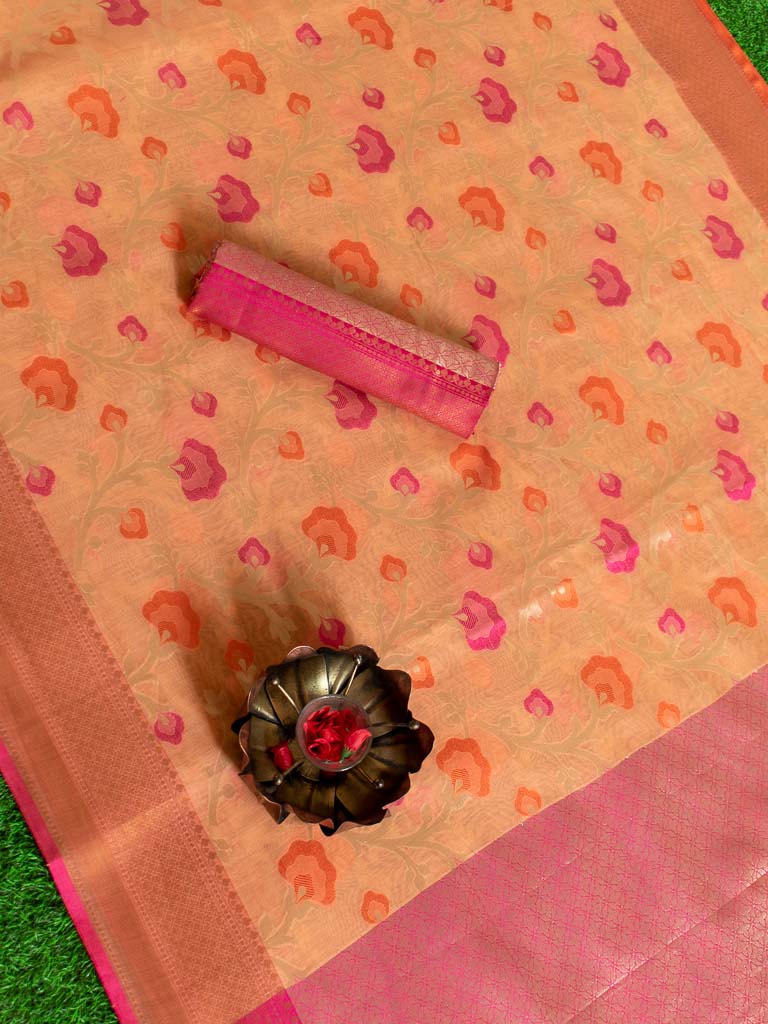 Banarasi Kora Saree With Multi Jaal Meena Weaving-Peach