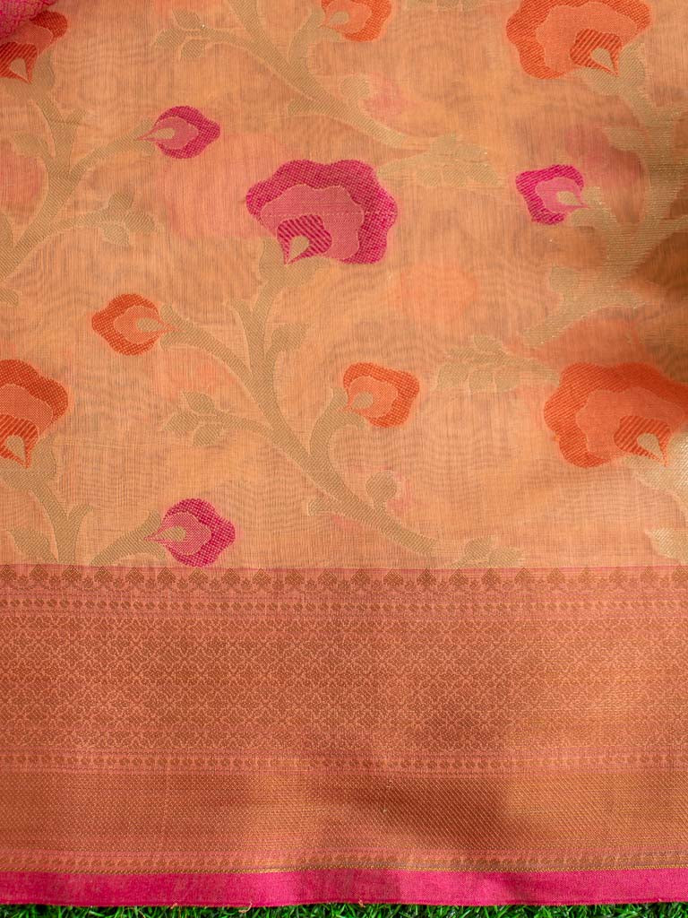 Banarasi Kora Saree With Multi Jaal Meena Weaving-Peach