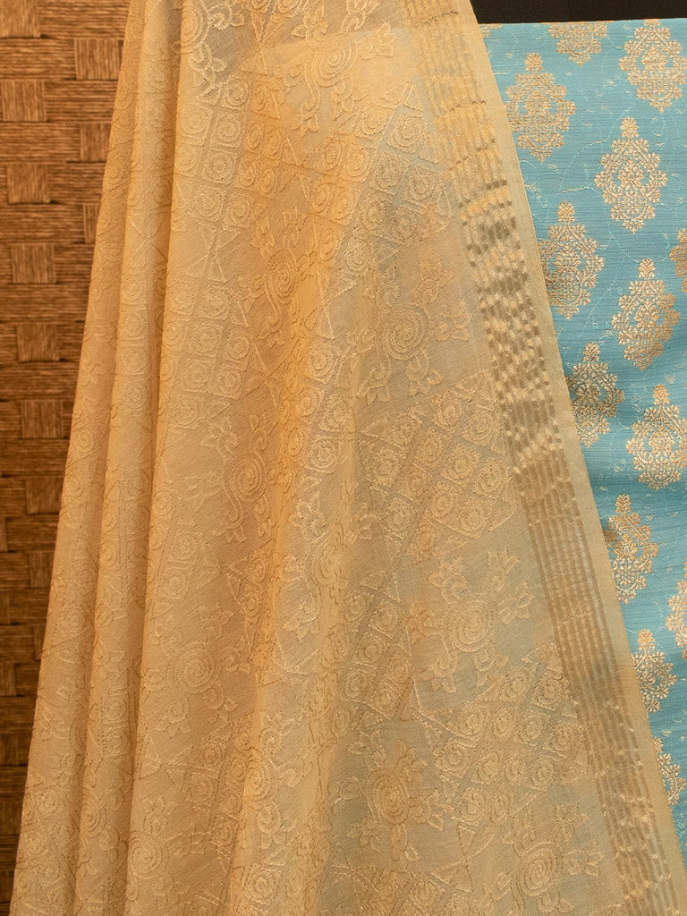 Banarasi Cotton Silk Salwar Kameez Fabric Resham Weaving & Jaal Dupatta-Blue & Beige
