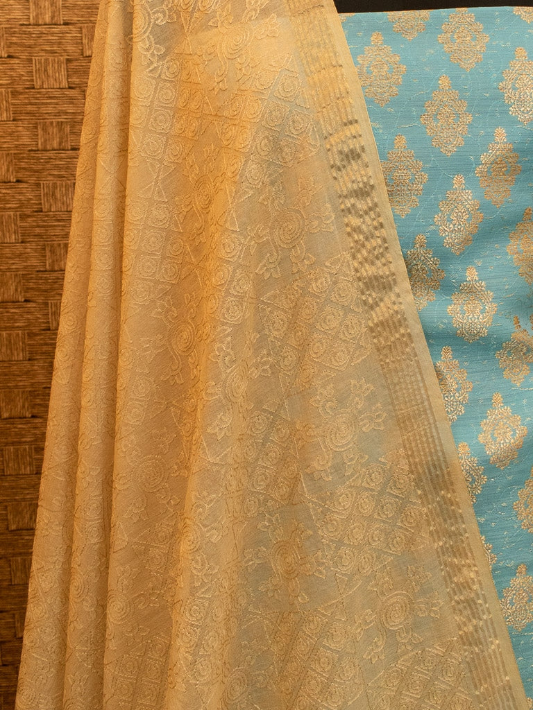 Banarasi Cotton Silk Salwar Kameez Fabric Resham Weaving & Jaal Dupatta-Blue & Beige
