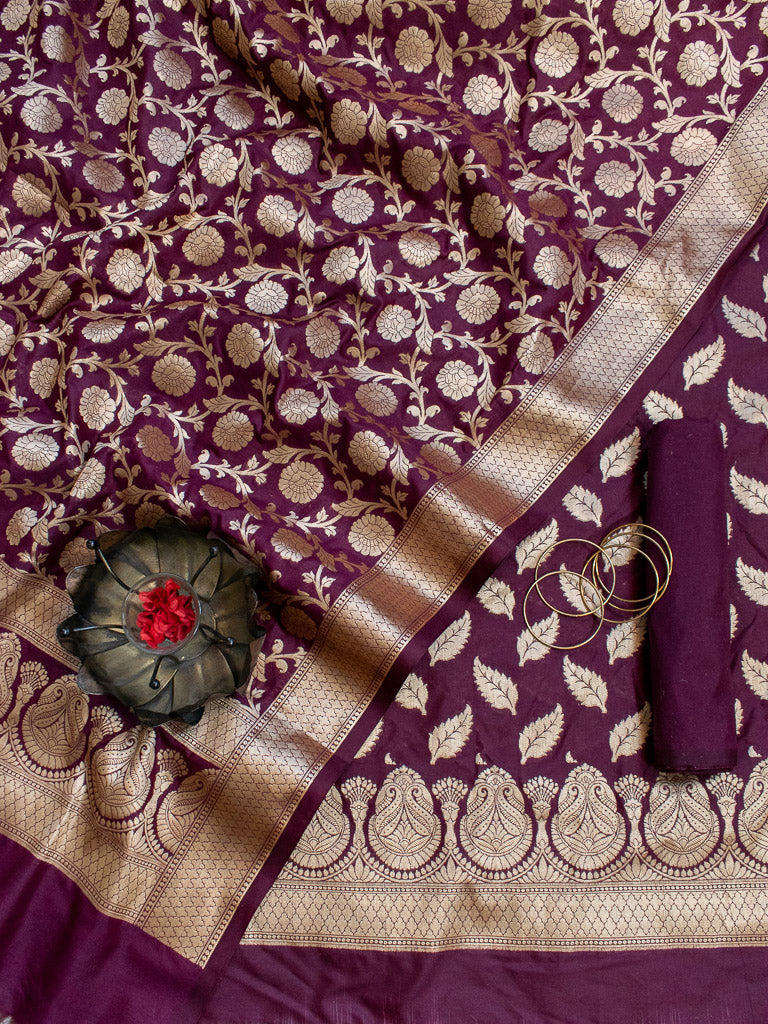 Banarasi Art katan Silk Leaf Buti Salwar Kameez Fabric With Dupatta-Brown