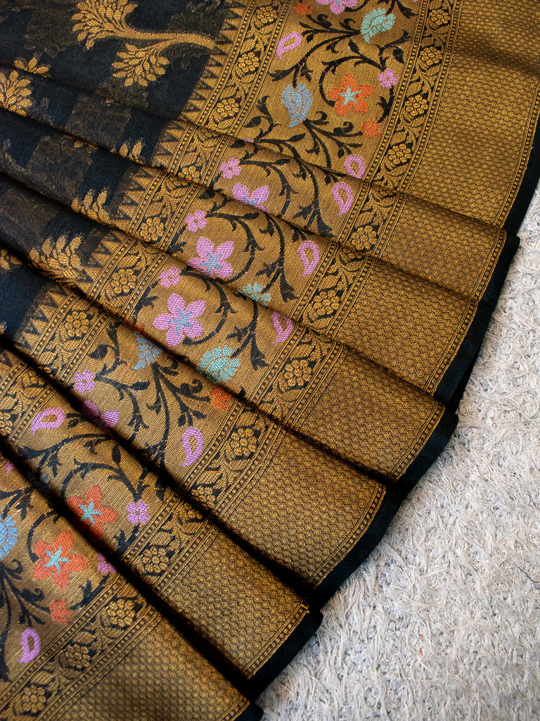 Banarasi Kora Saree With Antique Zari & Resham Weaving & Skirt Border-Black