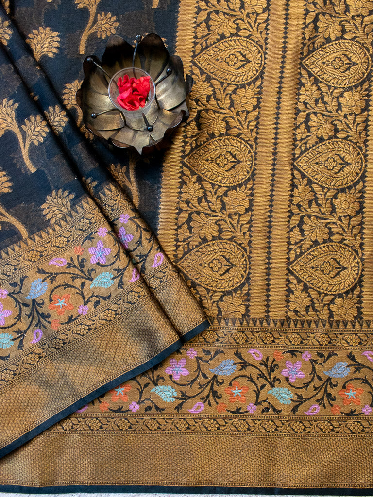 Banarasi Kora Saree With Antique Zari & Resham Weaving & Skirt Border-Black