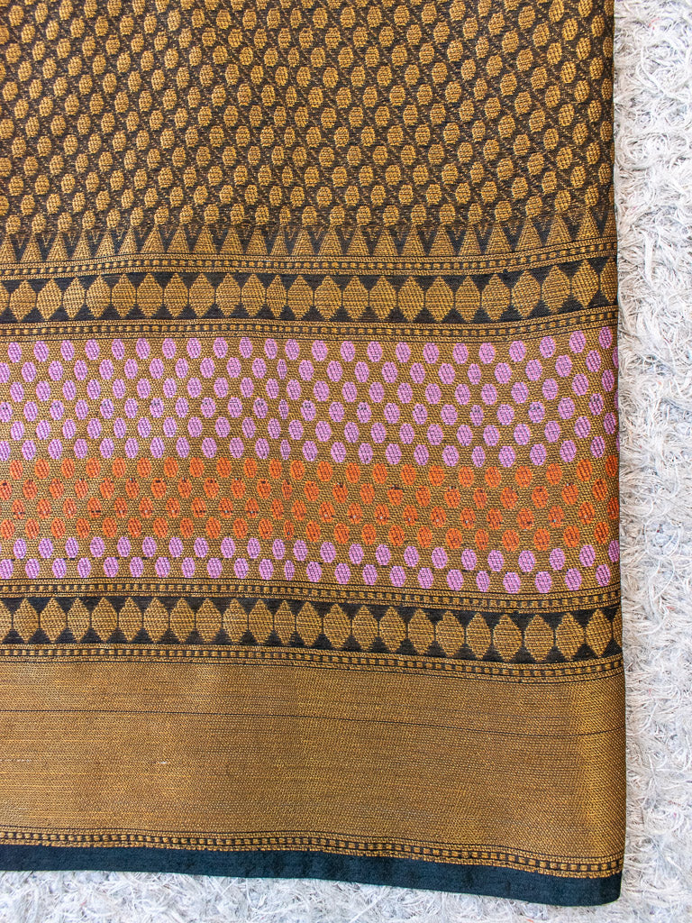 Banarasi Kora Saree With Antique Zari & Resham Weaving & Skirt Border-Black