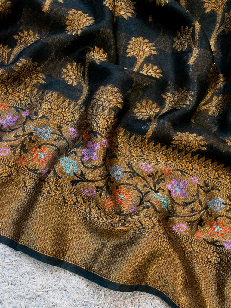 Banarasi Kora Saree With Antique Zari & Resham Weaving & Skirt Border-Black