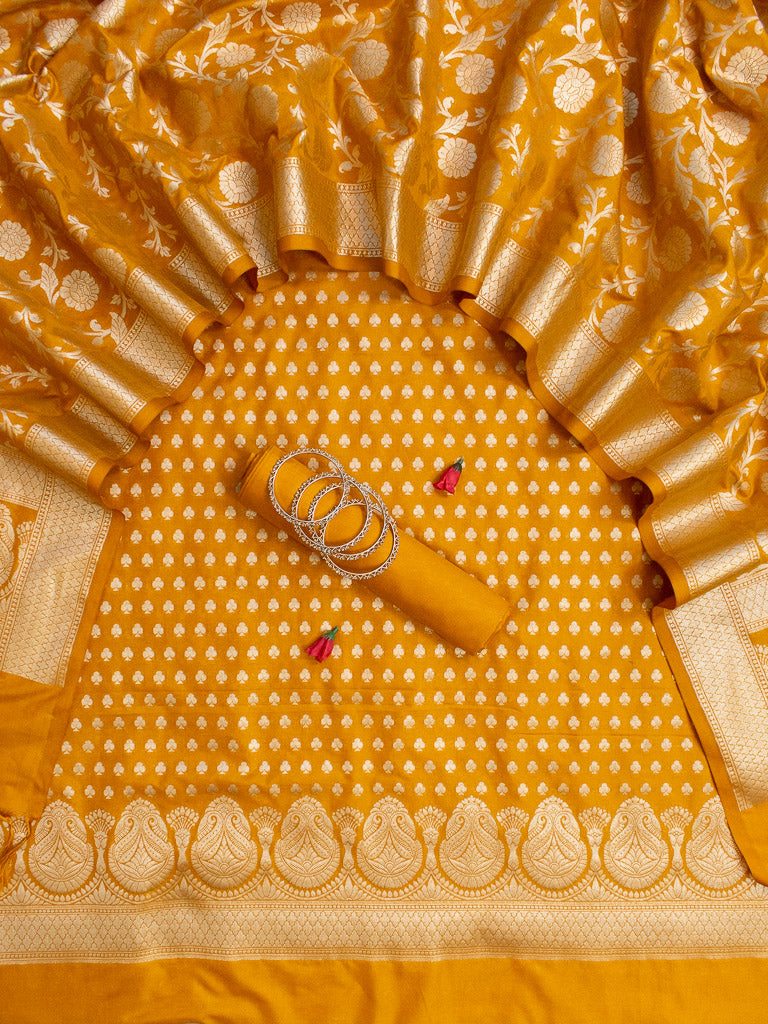 Banarasi Art katan Silk Salwar Kameez Fabric With Jaal Dupatta-Mustard Yellow