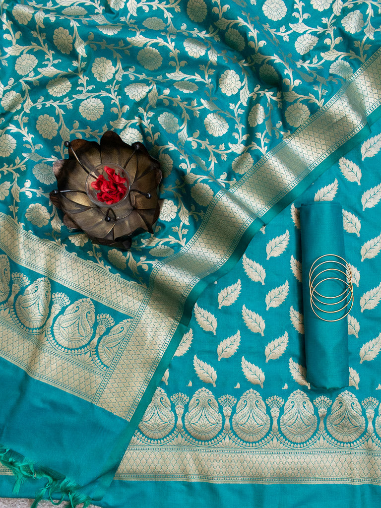 Banarasi Art katan Silk Leaf Buti Salwar Kameez Fabric With Dupatta-Teal Blue