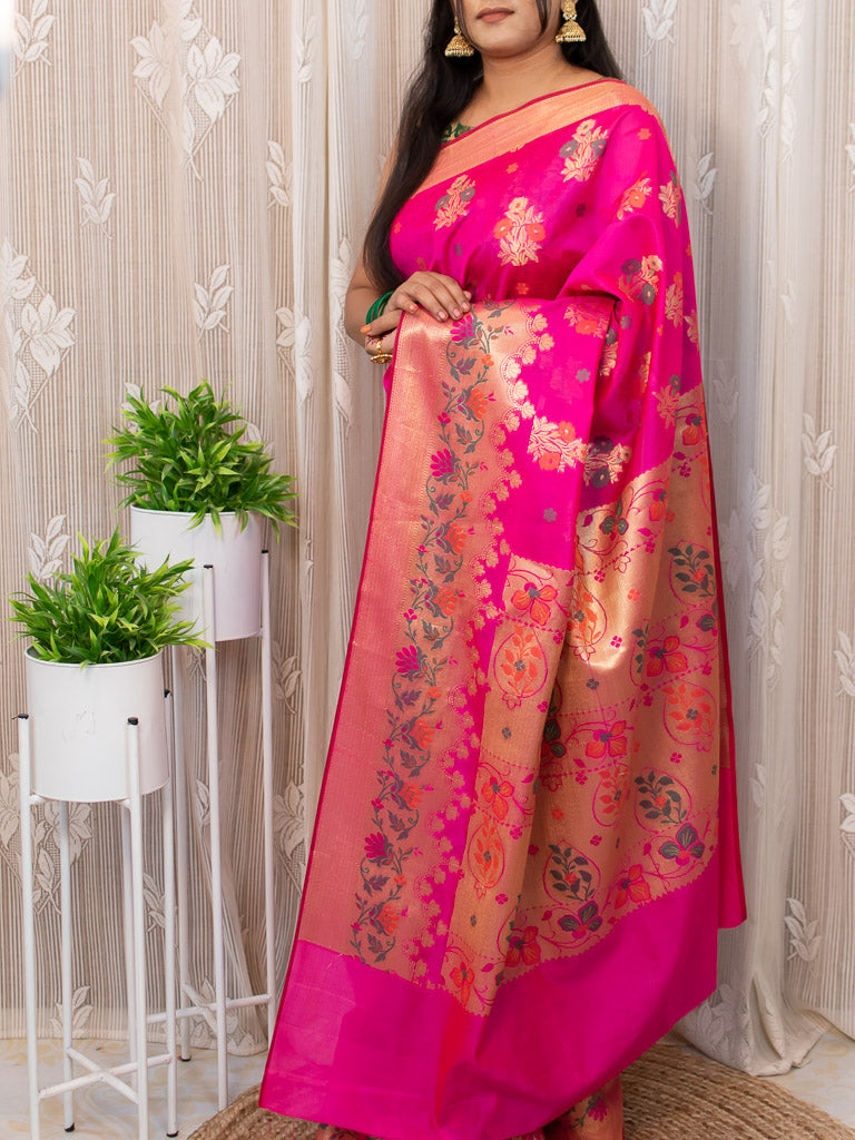 Banarasi Semi Silk Saree With Zari & Meena Weaving-Hot Pink