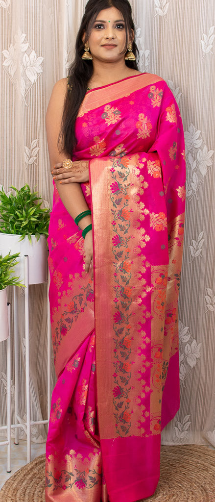 Banarasi Semi Silk Saree With Zari & Meena Weaving-Hot Pink
