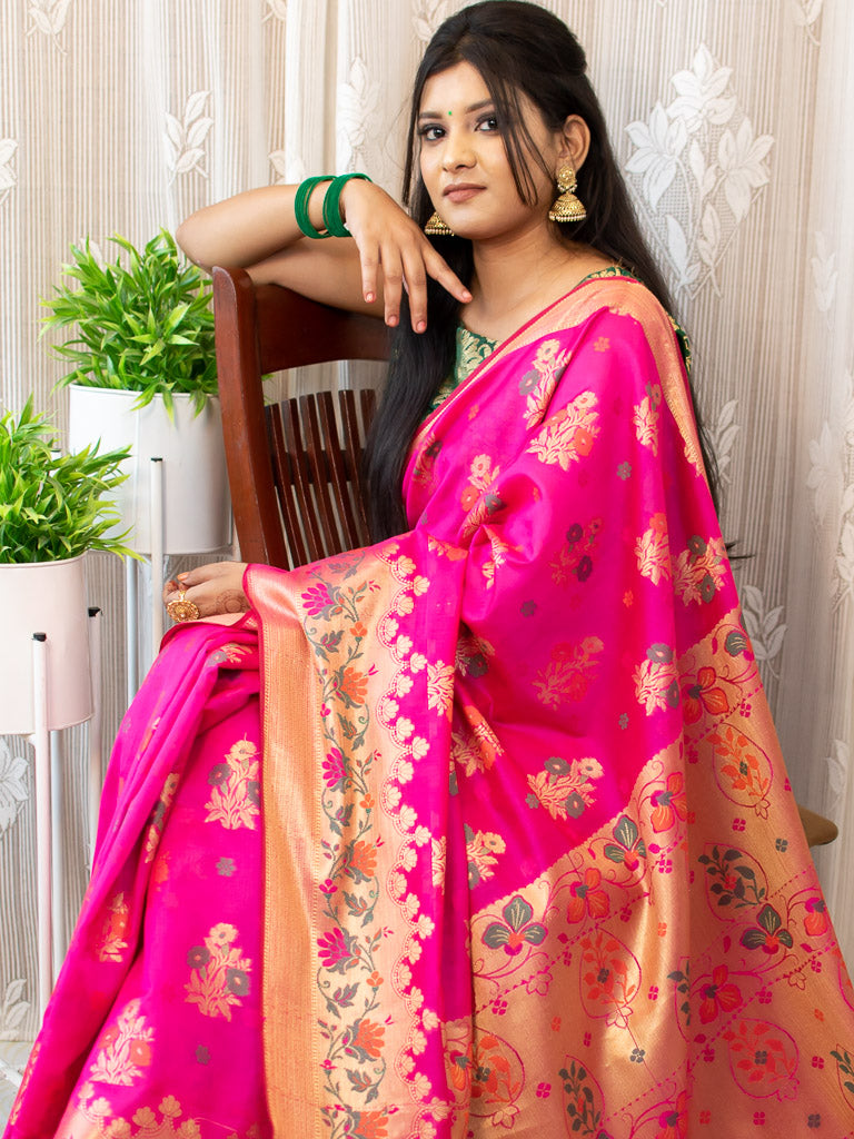 Banarasi Semi Silk Saree With Zari & Meena Weaving-Hot Pink