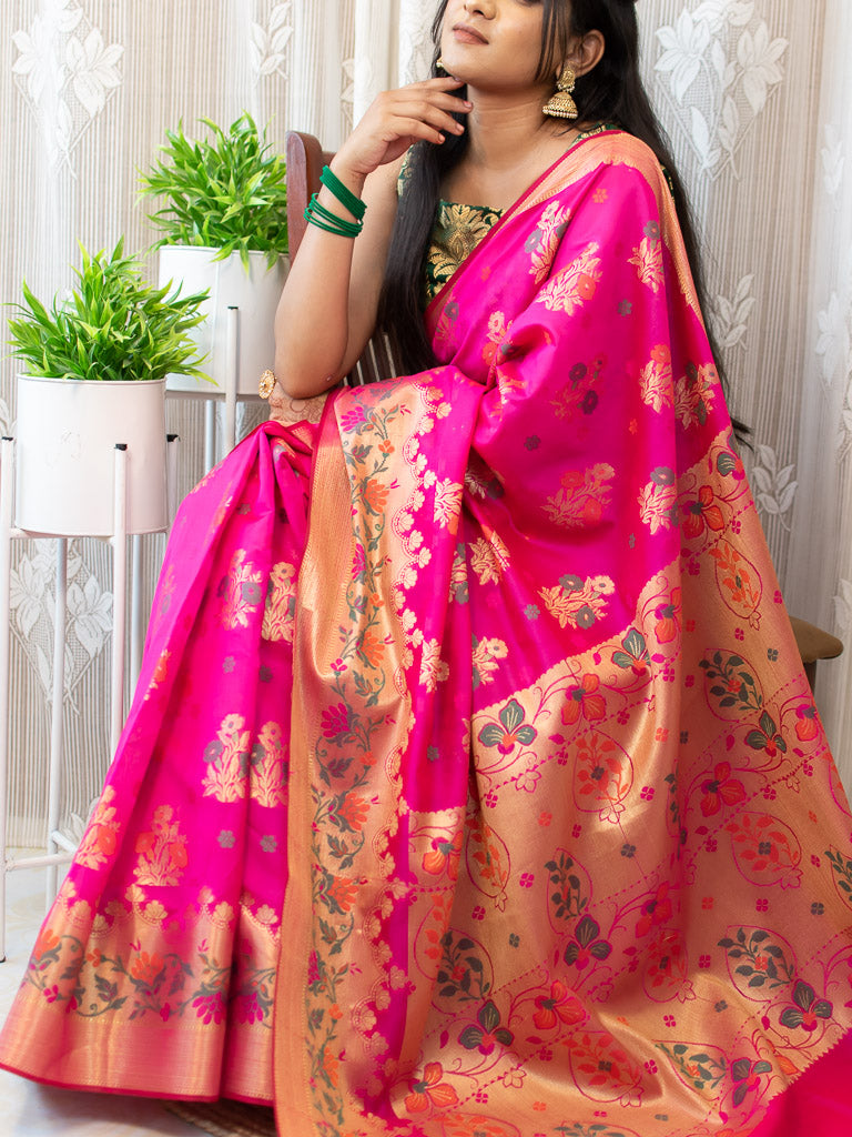 Banarasi Semi Silk Saree With Zari & Meena Weaving-Hot Pink
