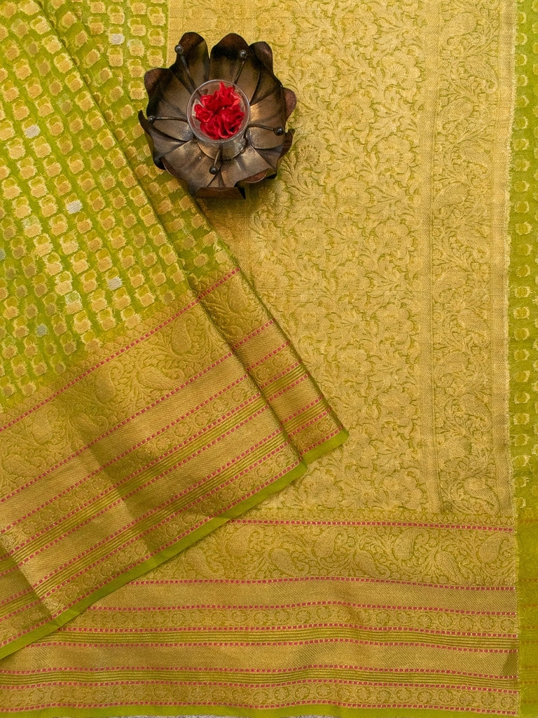 Banarasi Kora Saree With Silver Zari Buti Weaving-Green