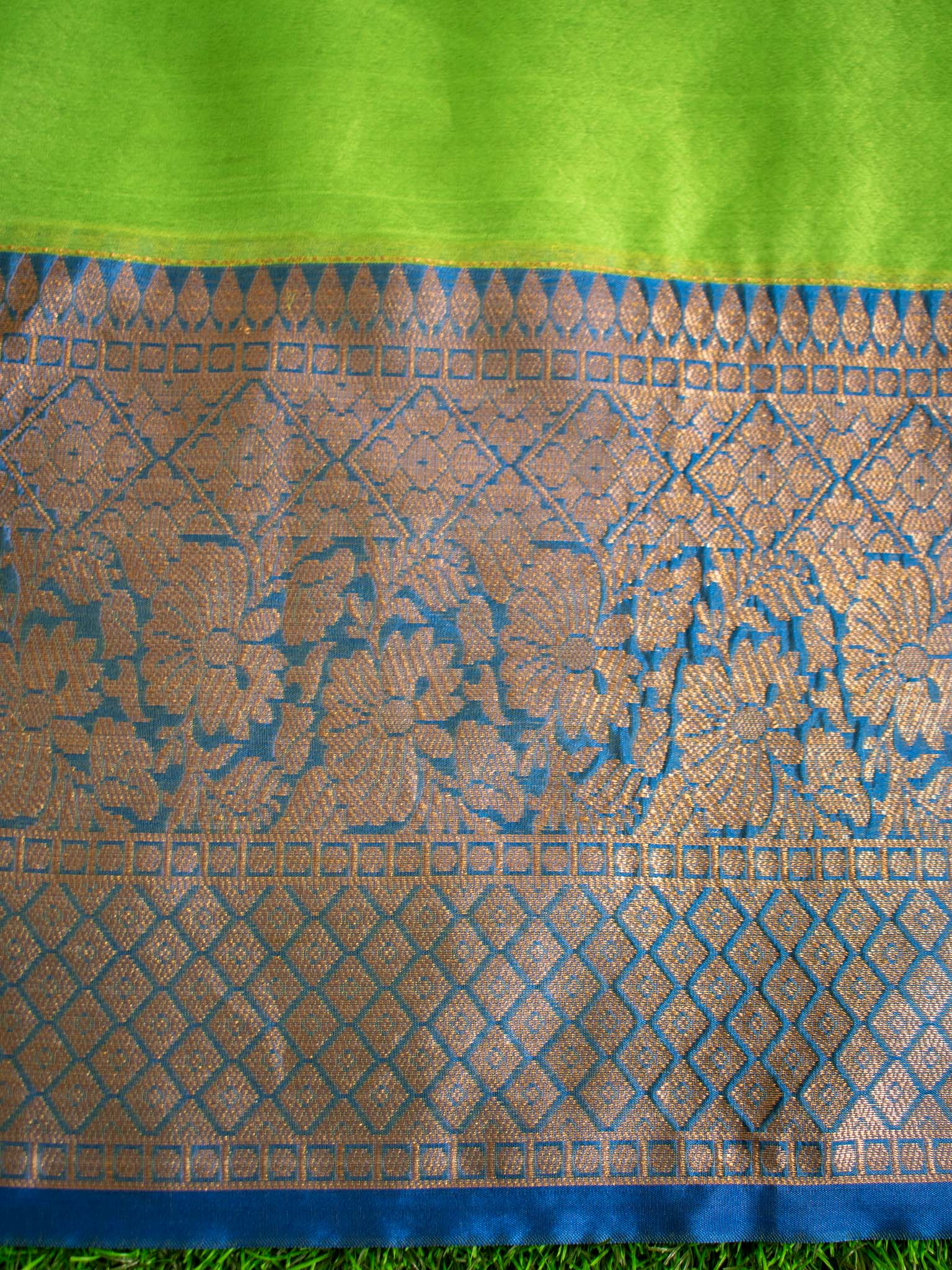 Banarasi Semi Silk Saree With Contrast Satin Skirt Border-Green