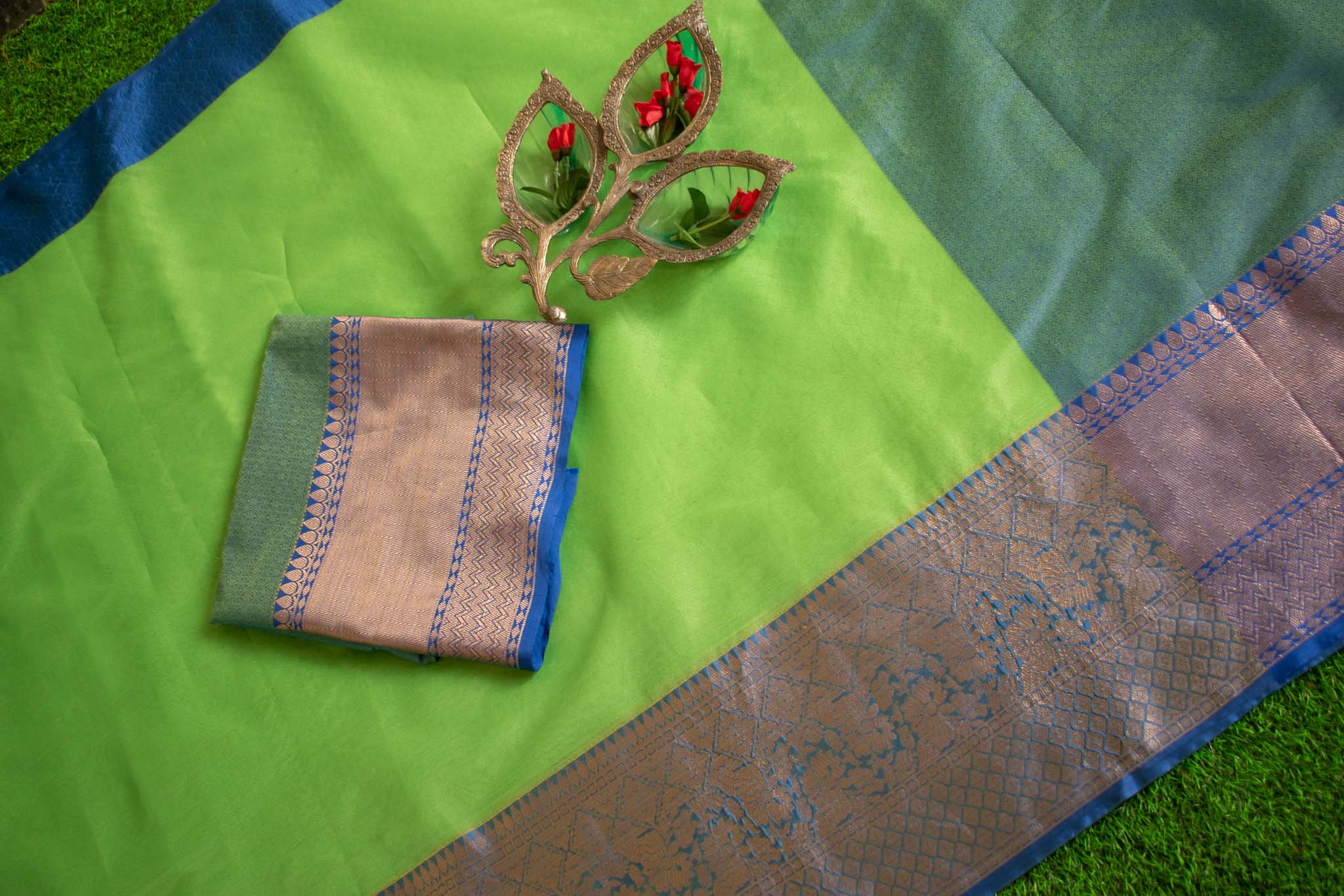 Banarasi Semi Silk Saree With Contrast Satin Skirt Border-Green