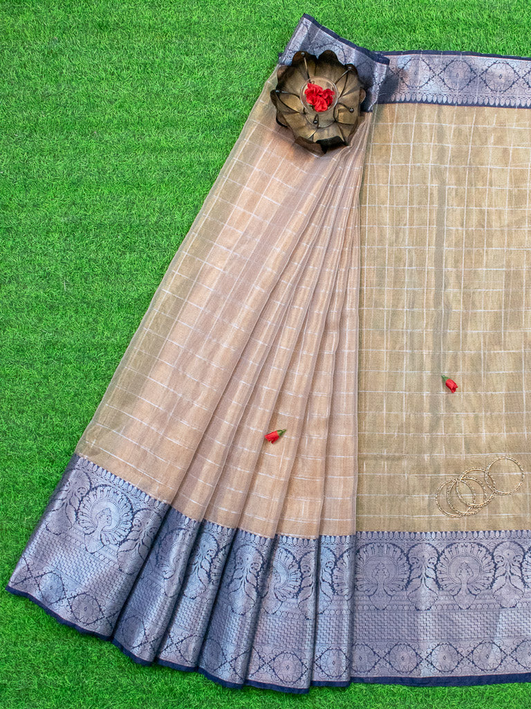 Banarasi organza Saree With Zari Weaving & Contrast Skirt Border-Beige & Blue