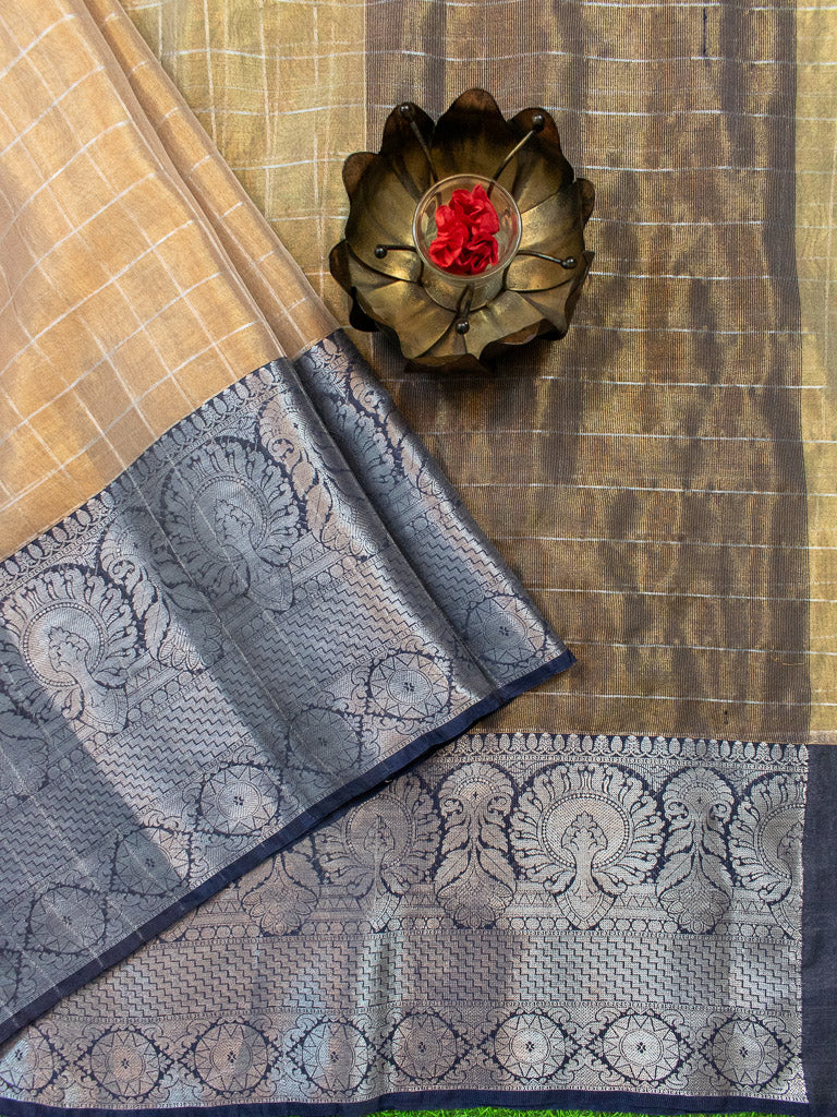 Banarasi organza Saree With Zari Weaving & Contrast Skirt Border-Beige & Blue