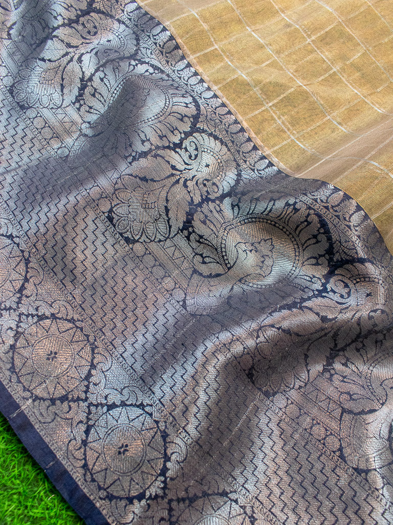 Banarasi organza Saree With Zari Weaving & Contrast Skirt Border-Beige & Blue