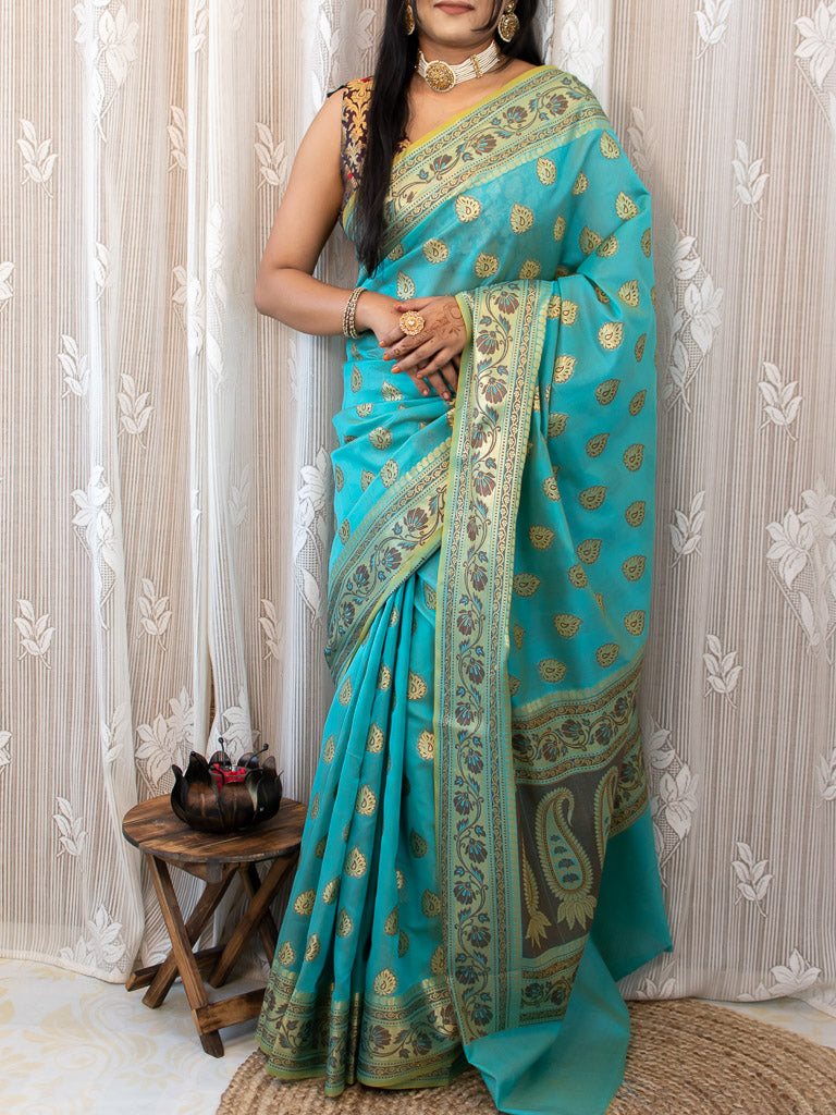 Banarasi Soft Cotton Saree Antique Resham Weaving-Blue