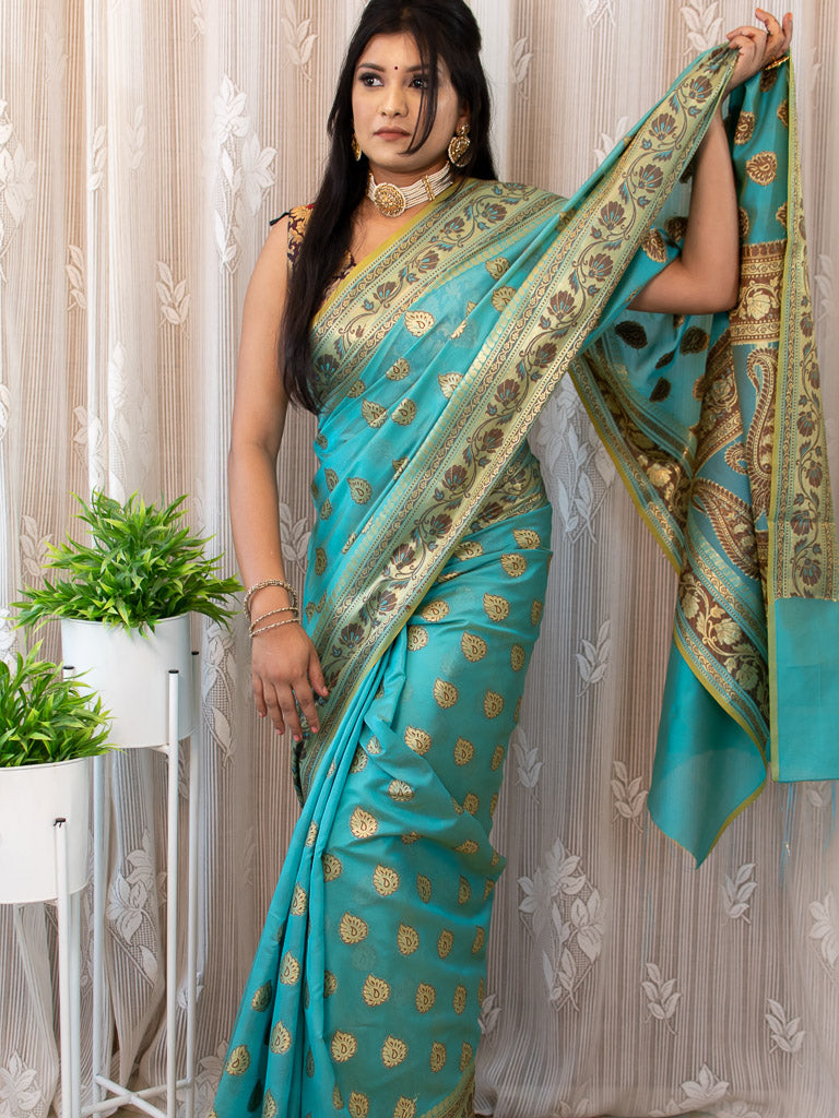 Banarasi Soft Cotton Saree Antique Resham Weaving-Blue