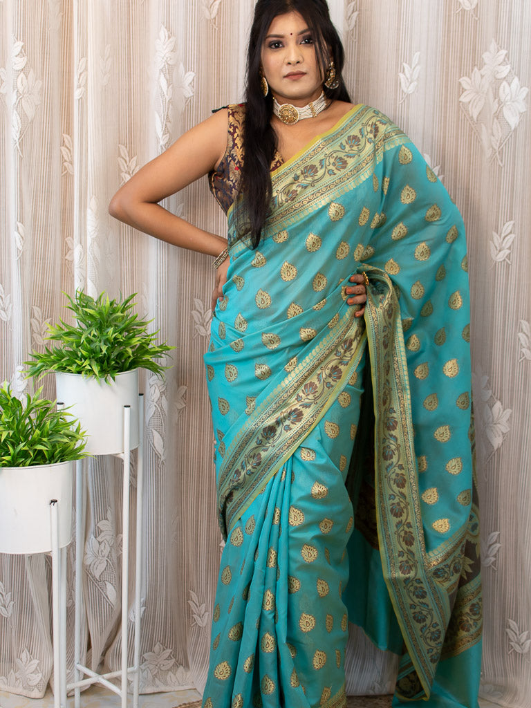 Banarasi Soft Cotton Saree Antique Resham Weaving-Blue