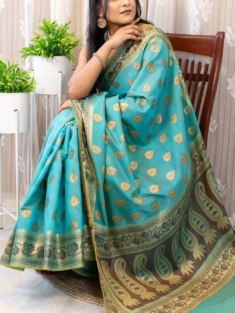 Banarasi Soft Cotton Saree Antique Resham Weaving-Blue