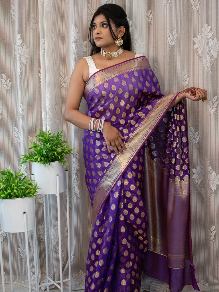 Banarasi Semi Silk Saree With Zari Buti Weaving-Purple