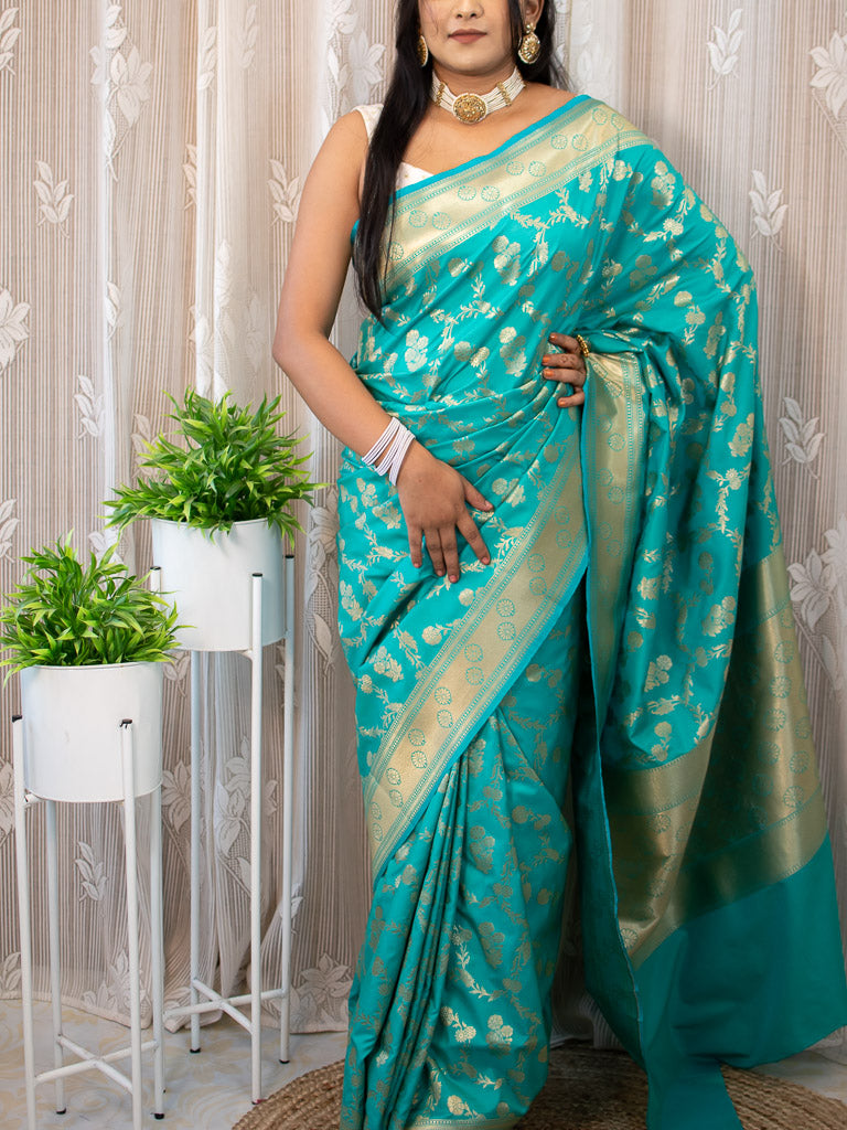 Banarasi Art Katan Silk Saree With Jaal Weaving-Blue