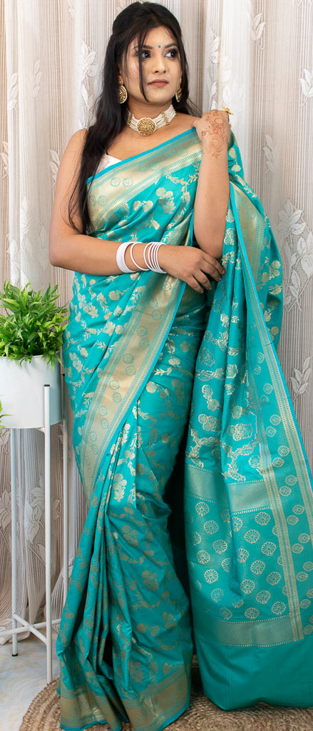 Banarasi Art Katan Silk Saree With Jaal Weaving-Blue