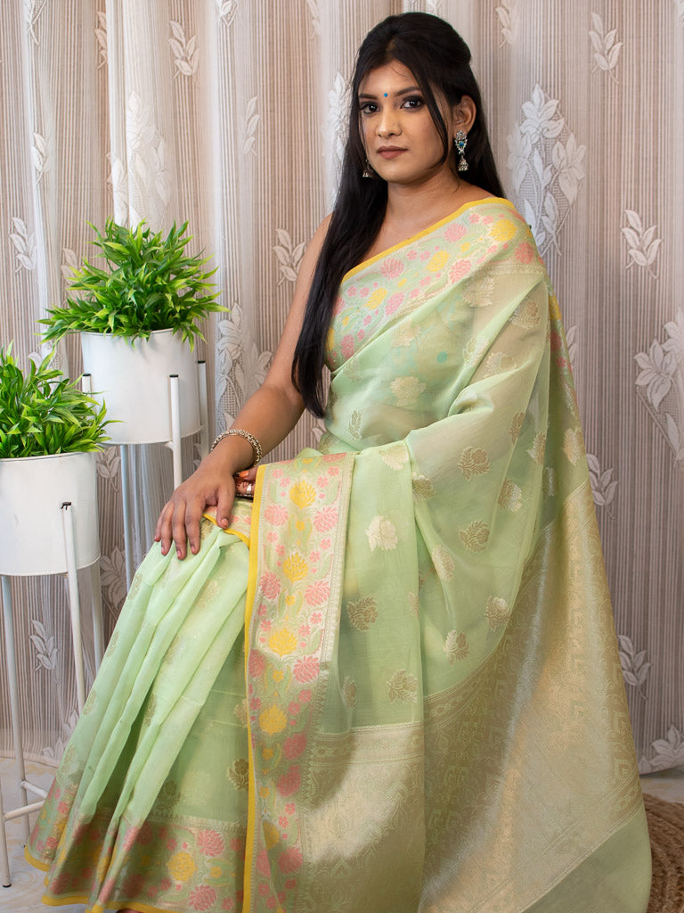 Banarasi Cotton Silk Resham & Zari Multi Coloured Weaving Saree-Green