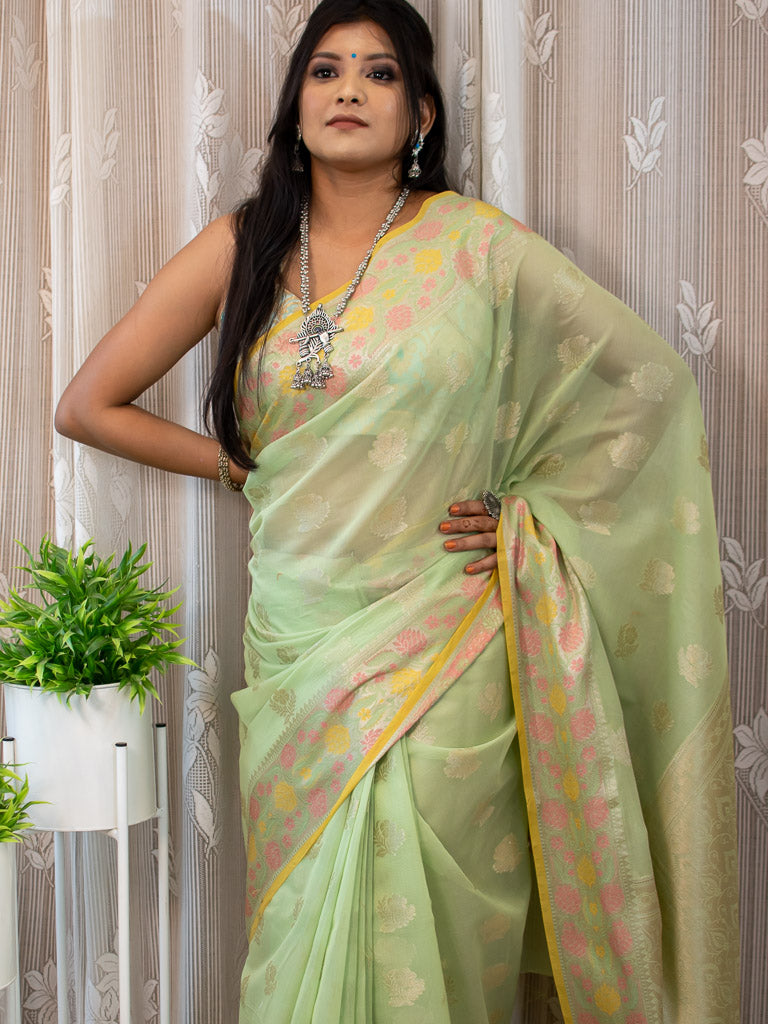 Banarasi Cotton Silk Resham & Zari Multi Coloured Weaving Saree-Green