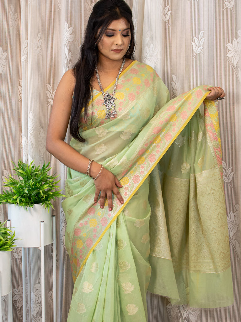 Banarasi Cotton Silk Resham & Zari Multi Coloured Weaving Saree-Green